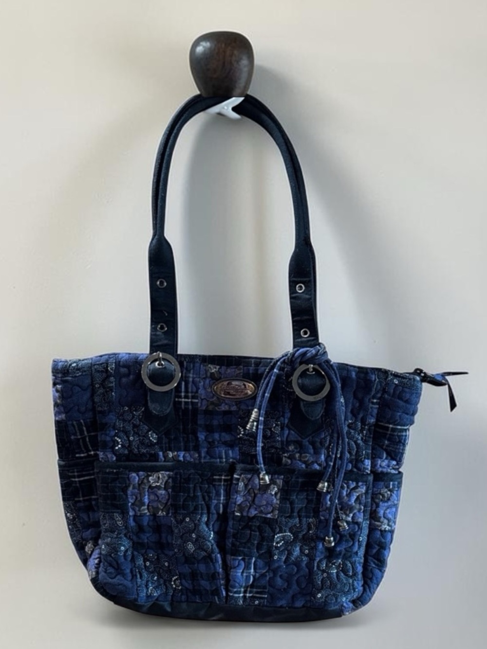 Donna Sharp Blue Patchwork Quilted Tote Bag Boho Multi Pocket Shoulder